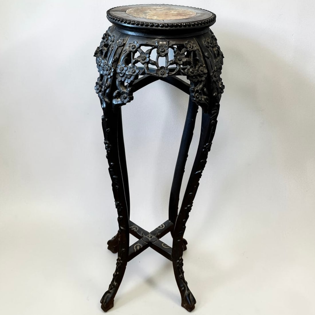 Antique Chinese Carved Hardwood Plant Stand with Marble Top (1 of 6)