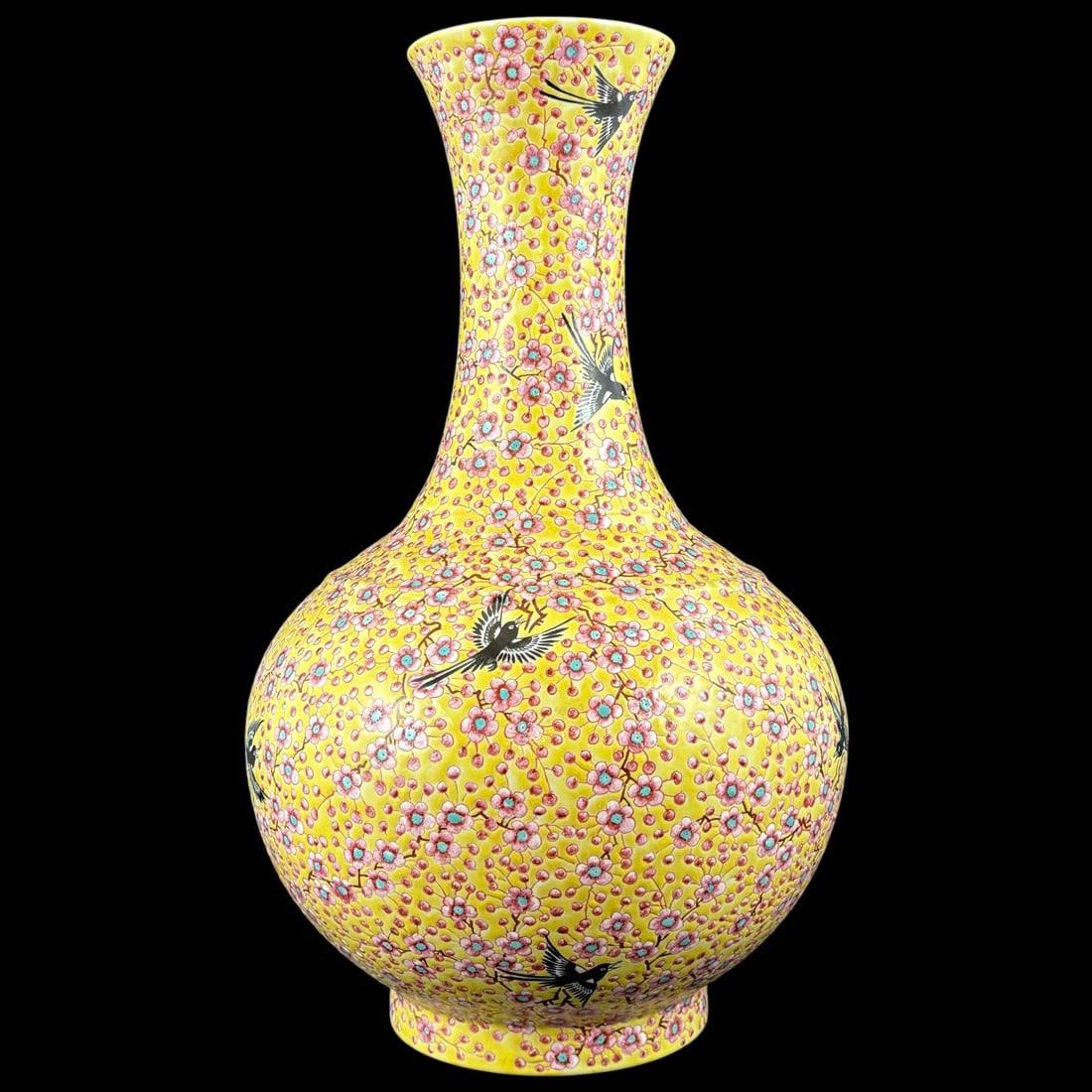 Chinese Yellow Ground Millefleur Porcelain Baluster Vase Birds Blossoms: A decorative Chinese porcelain baluster vase featuring a vivid yellow ground densely painted with pink flowering branches, turquoise-centered blossoms, and black-and-white birds in flight. The vase ha