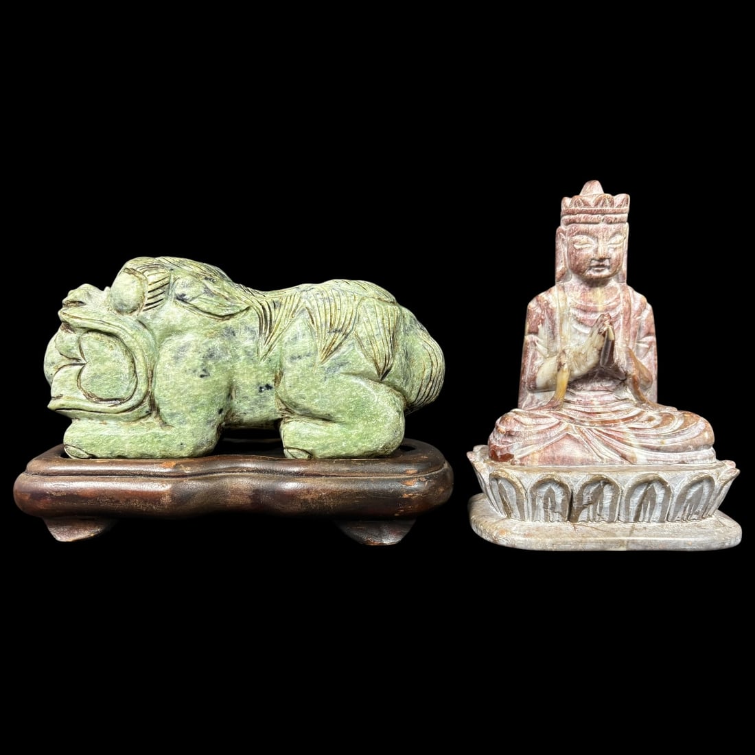 Carved Soapstone Guanyin Figure and Foo Lion Pair with Wood Stand (1 of 10)