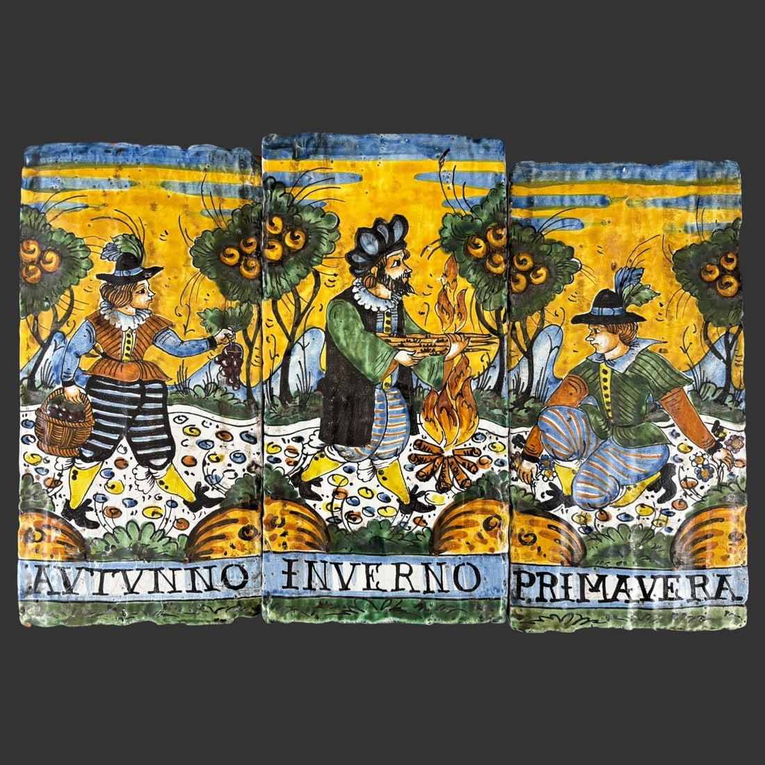 Lot of Three Italian Hand-Painted Ceramic Tiles: A c