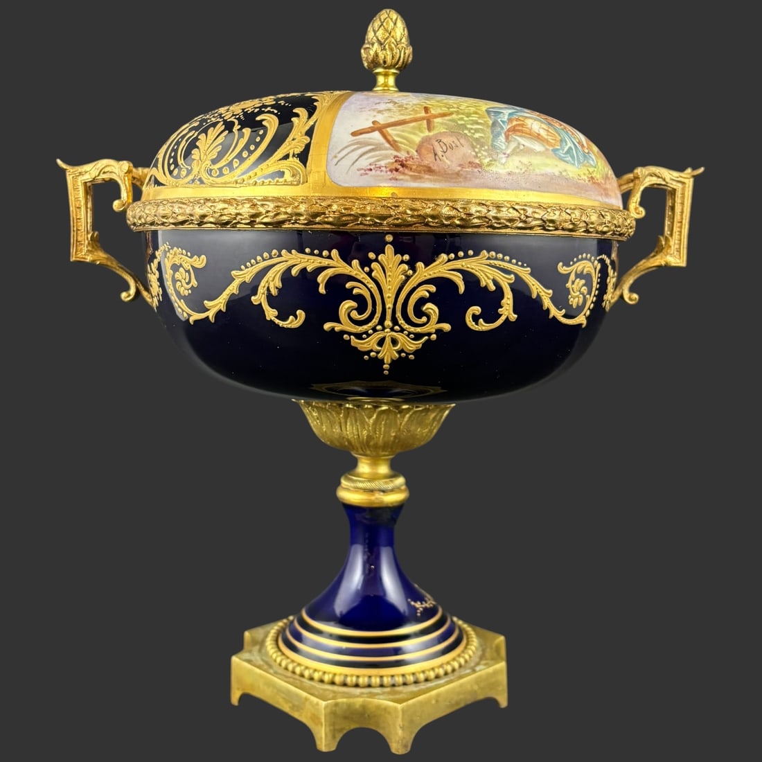French Sevres Style Cobalt Blue Porcelain Covered Centerpiece Urn (1 of 12)