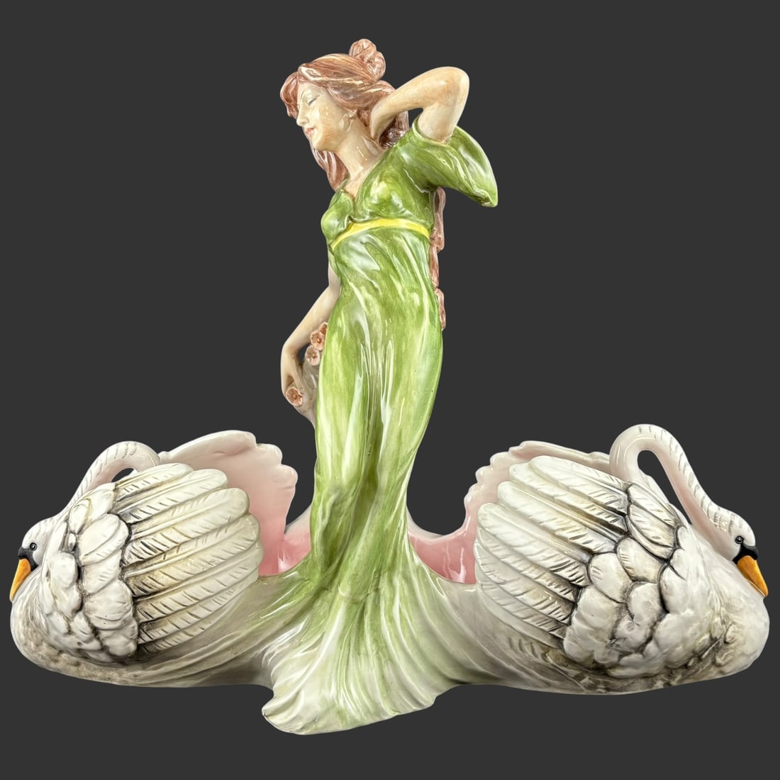 Art Nouveau Majolica Figural Centerpiece with Maiden and Swans (1 of 12)