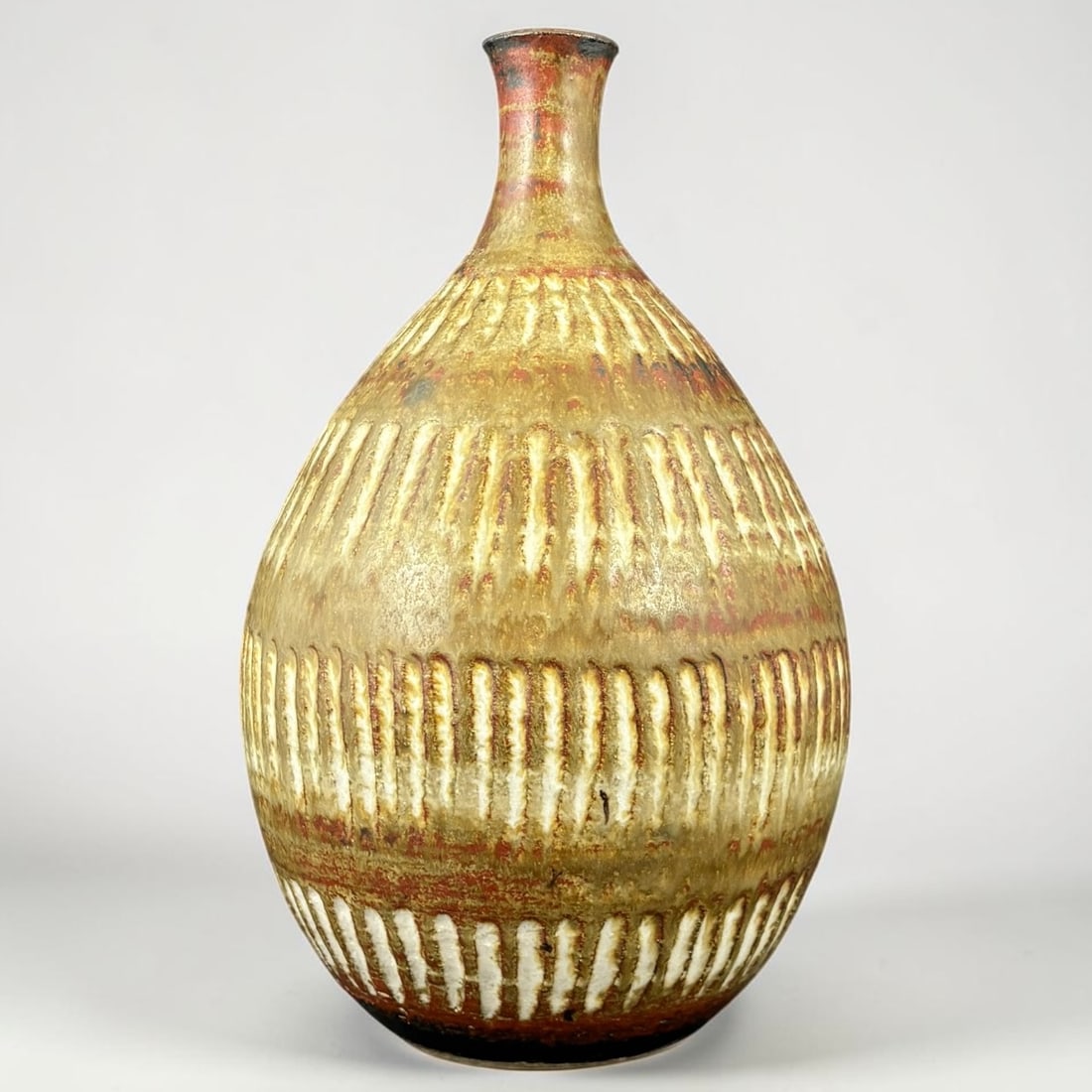 Signed MCM Studio Pottery Ribbed Bottle Vase Earth-Tone Drip Glaze (1 of 6)