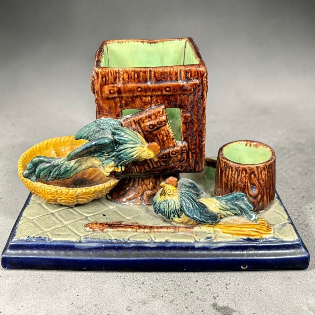 Antique Majolica Hen & Rooster Figural Smoking Stand (1 of 9)