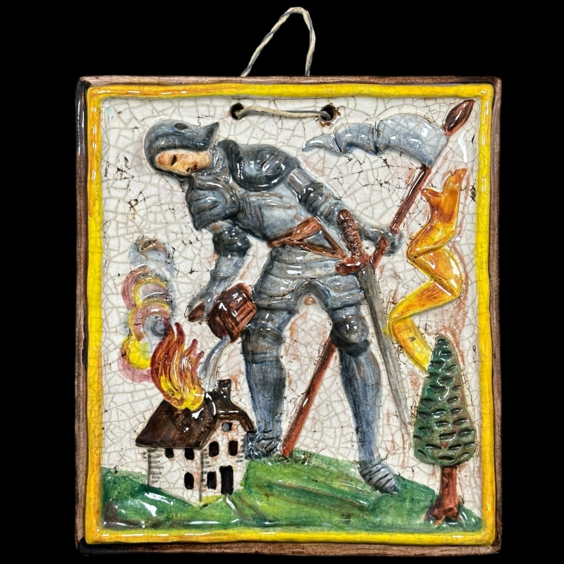 Relief-Molded Ceramic Plaque of Armored Knight with Burning House (1 of 3)