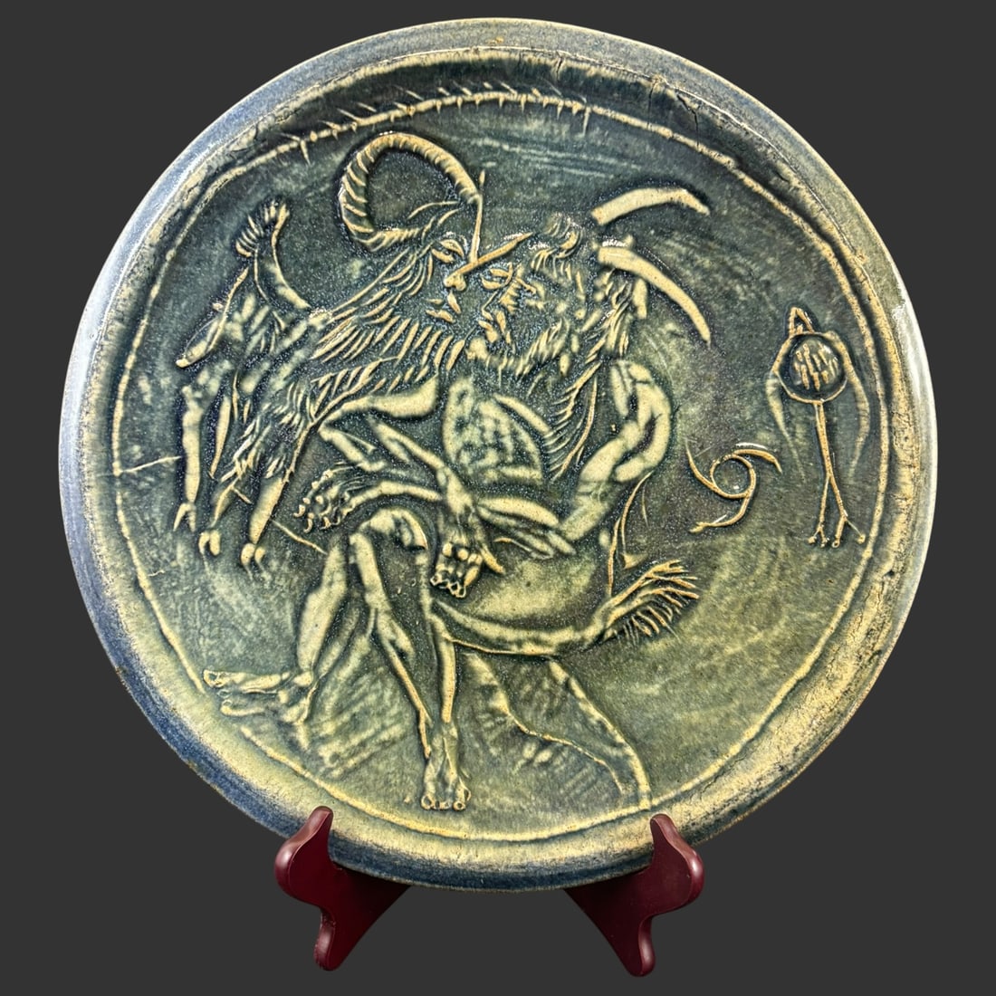 MCM Green Glazed Relief Pottery Charger with Mythological Satyr Scene (1 of 4)