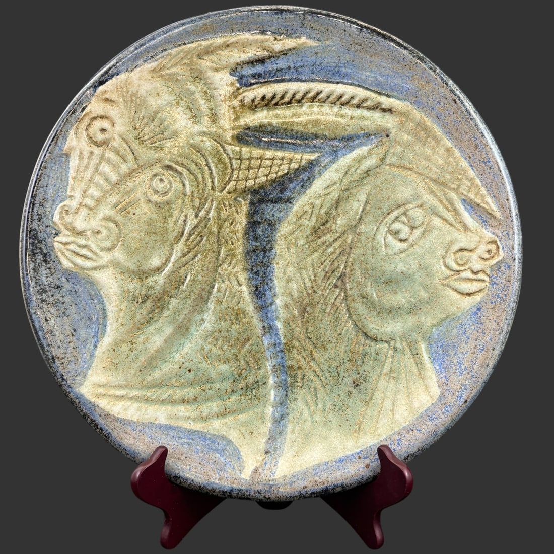 Signed MCM Studio Pottery Charger Mythological Goat Head (1 of 5)
