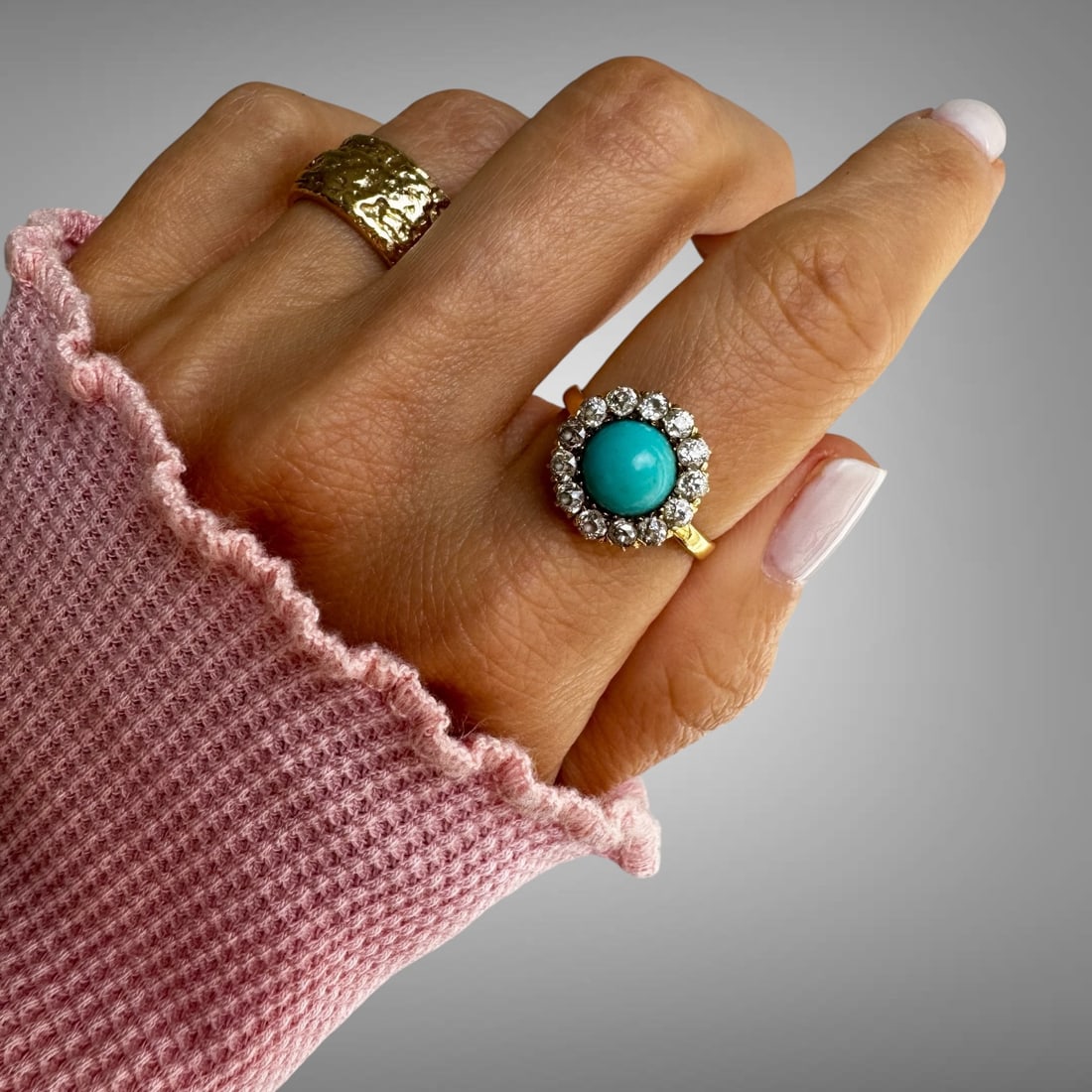 Victorian Tiffany & Co. Turquoise Damond Cluster Ring: Elegant antique Tiffany & Co. turquoise and diamond cluster ring crafted in rich 18K yellow gold, dating to the late Victorian or early Edwardian era, circa 1880–1910.