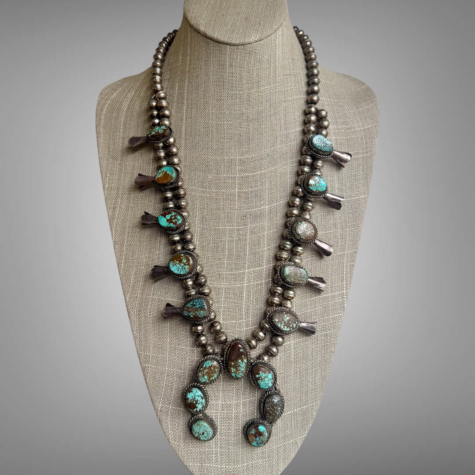 Vintage Navajo Sterling Silver & Turquoise Squash Blossom Necklace (1 of 8)