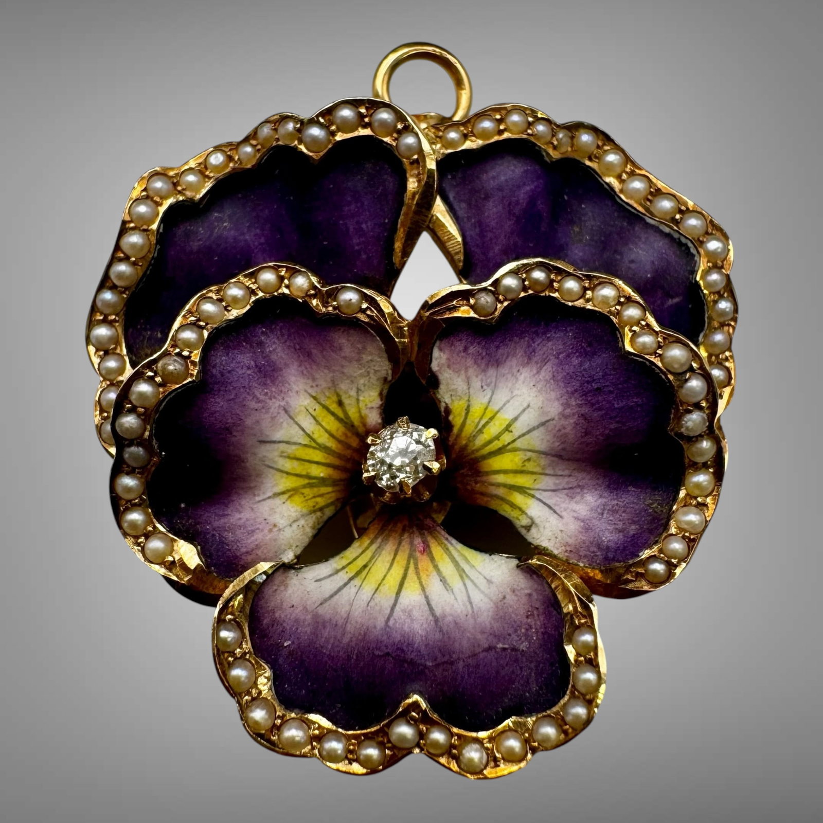 Antique 14K Gold Enamel Pansy Brooch Pendant with Pearls (1 of 6)