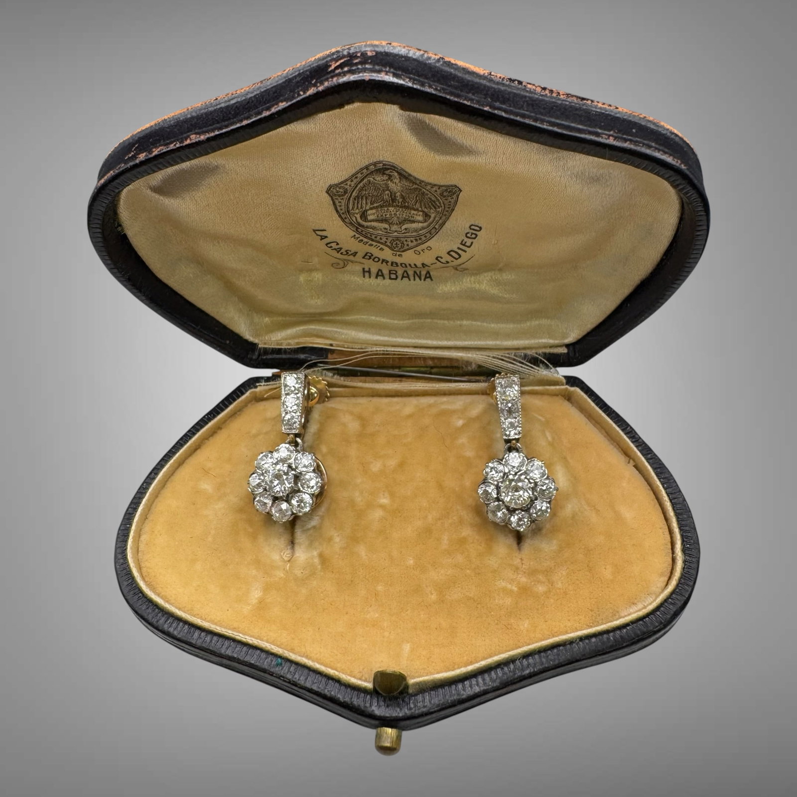 Antique 14K Gold & Old European Cut Diamond Cluster Earrings: Beautiful antique diamond cluster earrings crafted in 14K gold with white gold topped settings, showcasing sparkling old European cut diamonds in classic floral cluster arrangements. The earrings feat