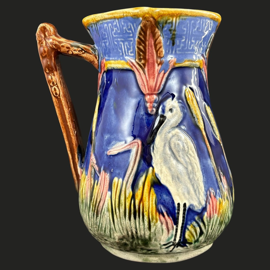 English Majolica Heron & Cattail Ceramic Pitcher with Figural Handle (1 of 7)