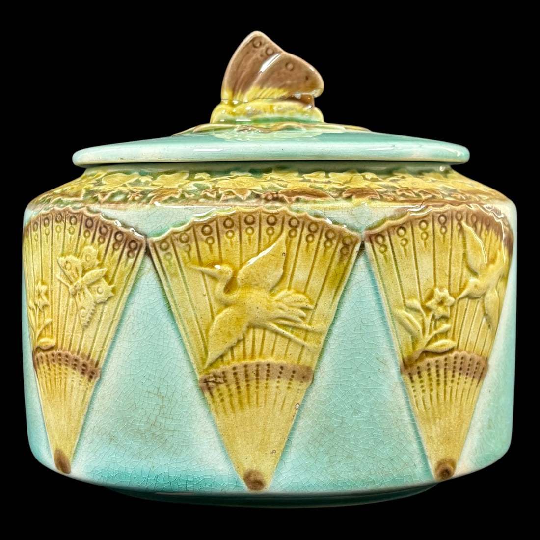 Art Nouveau Majolica Covered Jar with Butterfly Finial, Birds, & Flowers (1 of 9)