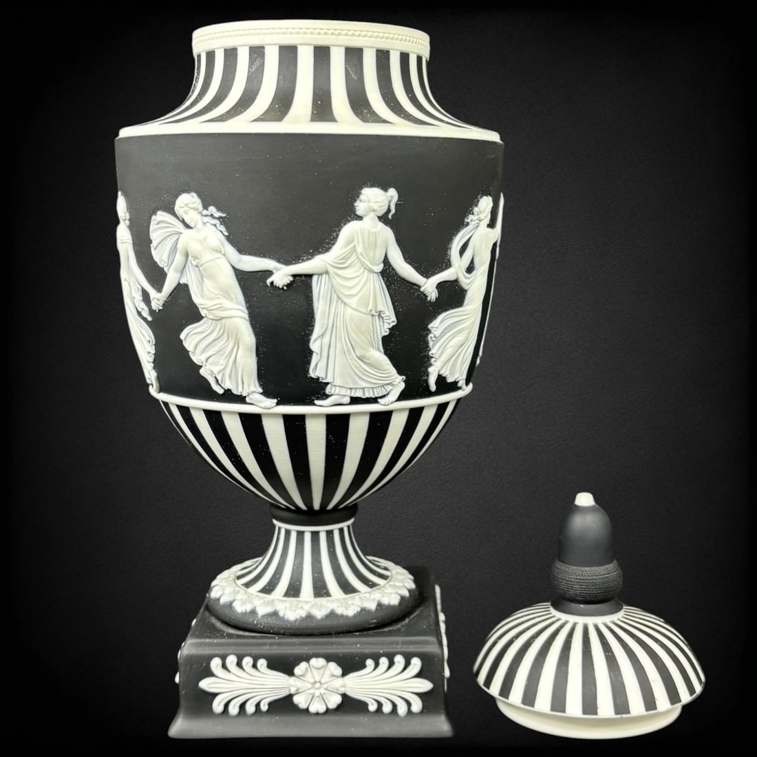 Wedgwood Black Jasperware Lidded Urn Classical Dancing Figures: A st