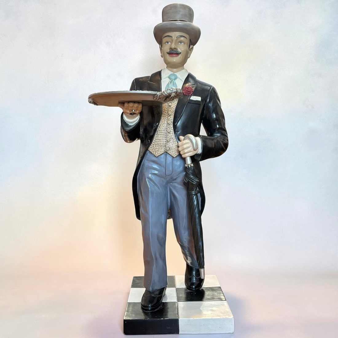 Vintage Butler Waiter Statue with Serving Tray, Umbrella & Checkerboard Base (1 of 6)