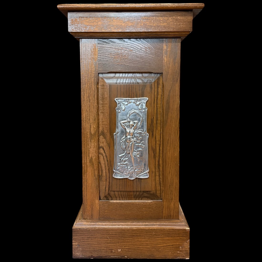 Oak Pedestal Slot Machine Stand with Art Nouveau Figural Metal Plaque (1 of 9)