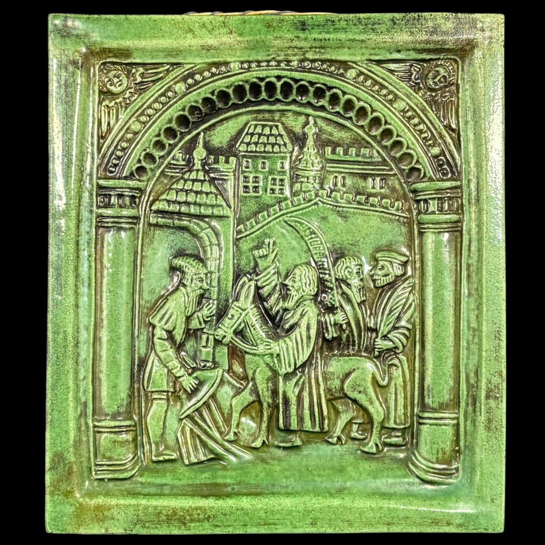 Antique Green Glazed Relief Tile Plaque with Medieval Figural Scene (1 of 5)