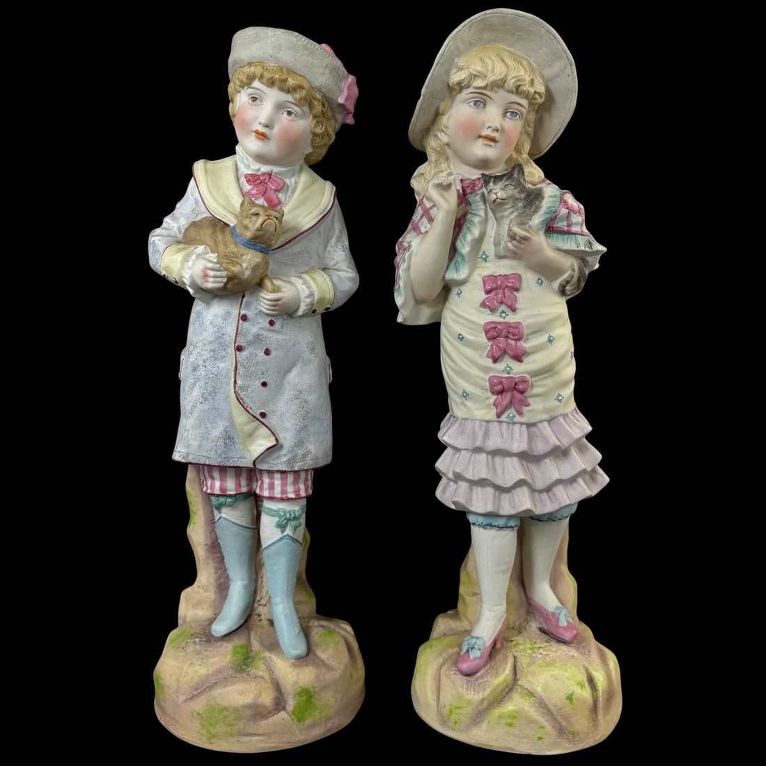 Pair of Antique Bisque Porcelain Boy Girl Figurines with Cats (1 of 8)