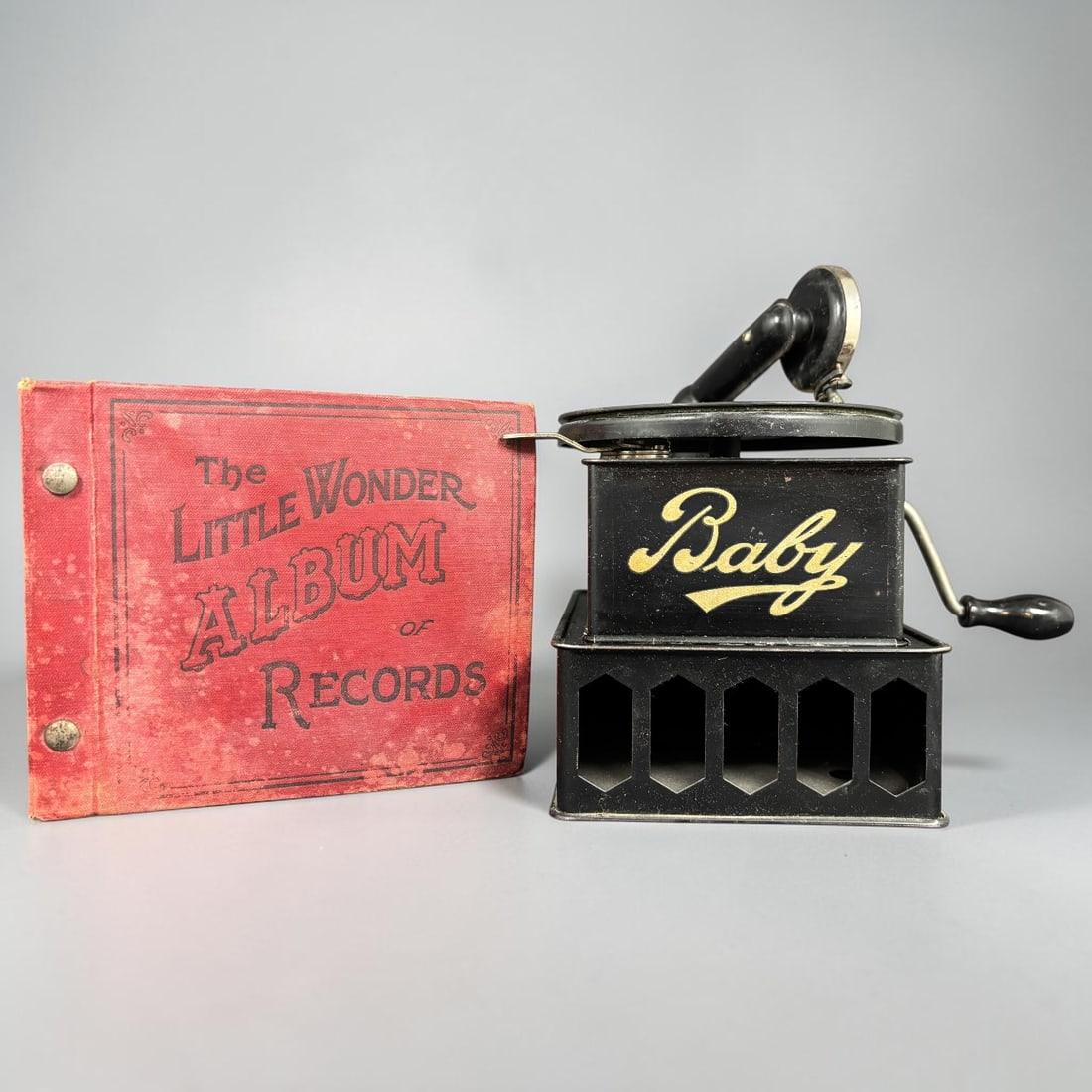 Antique “Baby?? Toy Gramophone with Little Wonder Record Album (1 of 9)