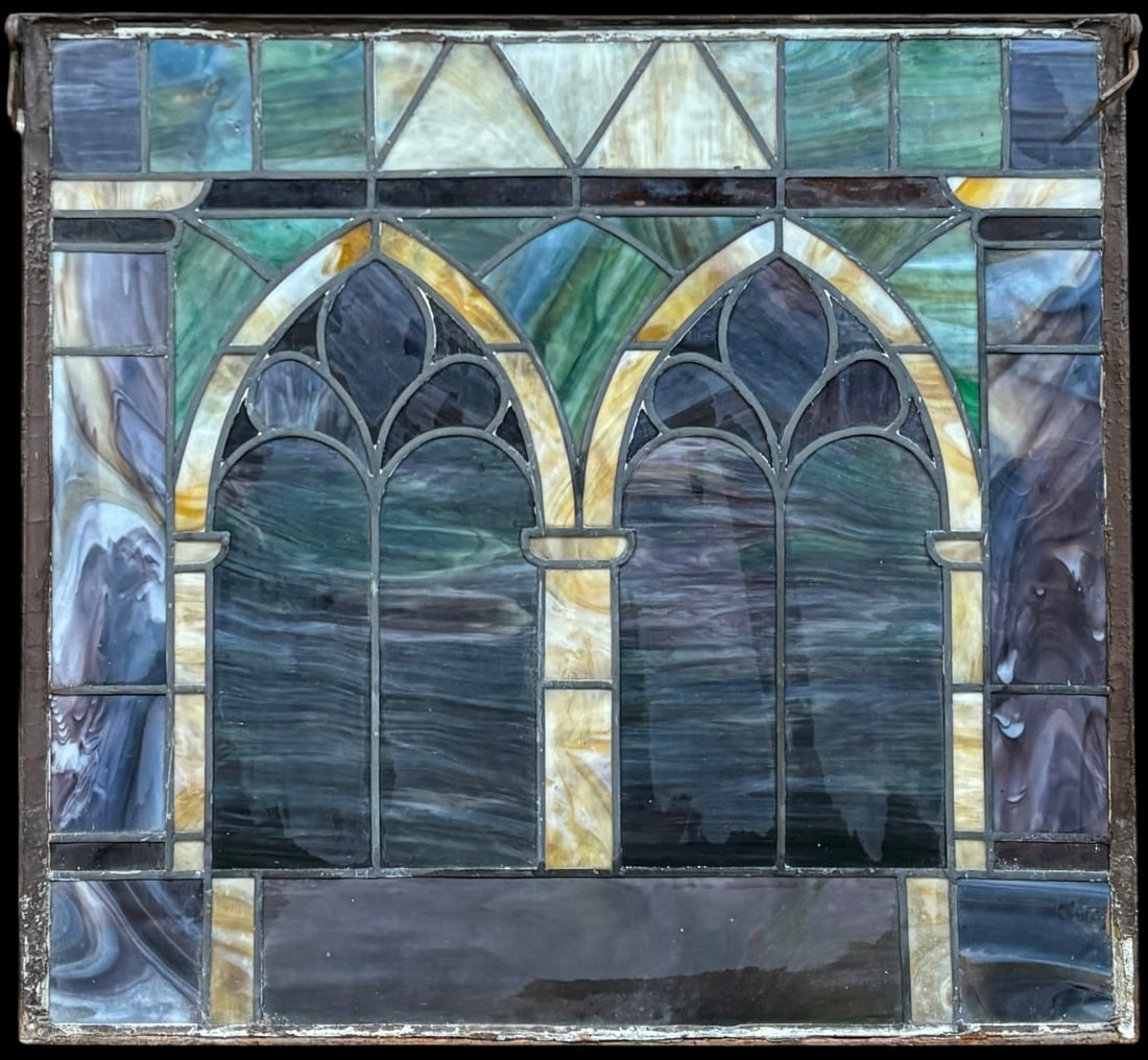 Antique Gothic Revival Slag Glass Stained Glass Window Panel (1 of 2)
