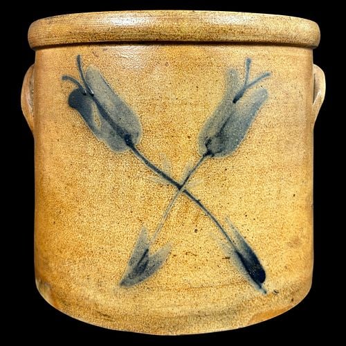 Salt Glazed Stoneware Crock Cobalt Blue Arrows w/ Elephant Ear Handles