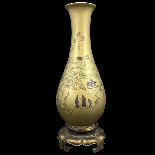 Chinese Lacquered Wood Baluster Vase Gilt Landscape Decoration (1 of 8)