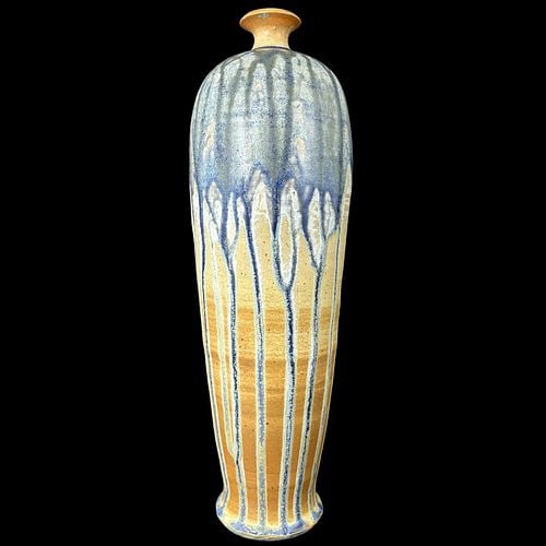 Signed Studio Pottery Tall Vase Blue Drip Glaze Textured Cream Ground (1 of 7)