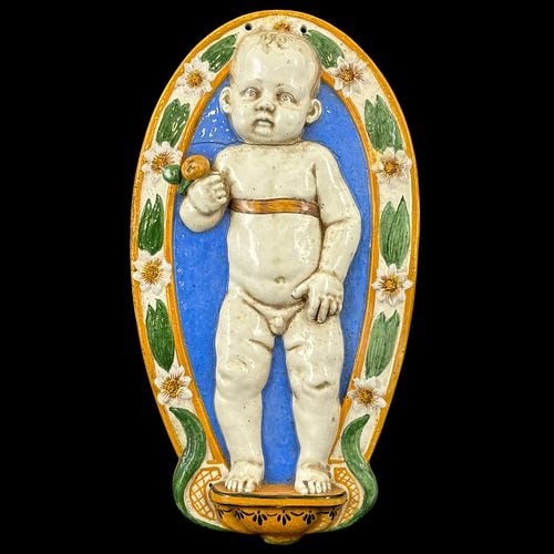 Antique Italian Majolica Putto Cherub Child Wall Plaque with Floral Border (1 of 7)