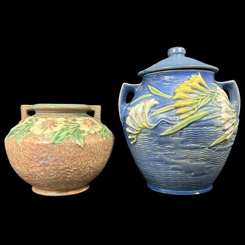 Roseville Pottery Blue Freesia Lidded Jar and Brown Floral Jardiniere (1 of 13)