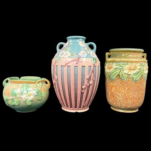 Lot of 3 Roseville Art Pottery Floral Vases and Jardiniere (1 of 8)