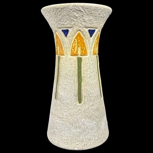 Roseville Pottery Mostique Arts & Crafts Vase Textured Cream Glaze: Roseville Pottery “Mostique” vase featuring a tall tapered form with flared rim, textured cream ground, and colorful raised geometric floral decoration in amber, green, and cobalt blue. Th