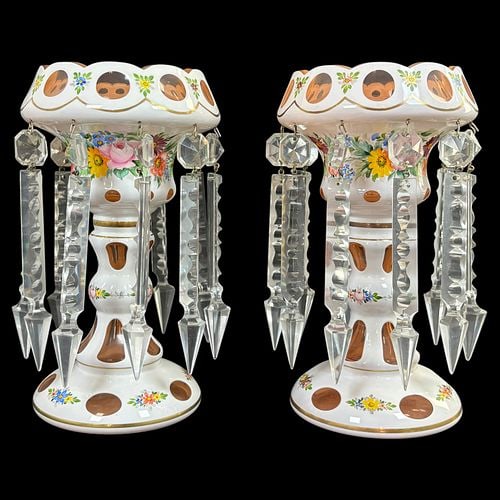 Pair of Bohemian/Czech Hand-Painted Opaline Glass Mantle Lustres (1 of 6)