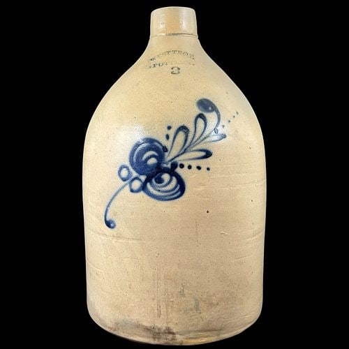 Antique West Troy New York Pottery 3-Gallon Cobalt Decorated Stoneware Jug: Antique American stoneware jug marked “West Troy Pottery” and “3,” indicating a three-gallon capacity. The tall ovoid form features a rounded shoulder, narrow mouth, applied ha