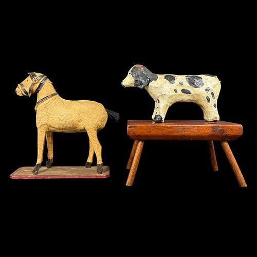 Antique Folk Art Horse, Spotted Dog & Milking Stool (1 of 13)