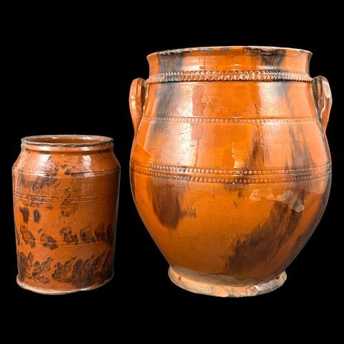 Two Antique Glazed Redware Pottery Storage Jars with Manganese Decoration (1 of 12)