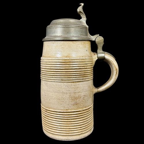 Antique Primitive Stoneware Beer Stein Pewter Lid & Bird Thumb Lift