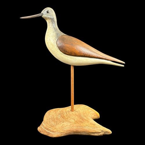 Carved and Painted Yellowlegs Shorebird Decoy on Driftwood Base Signed (1 of 7)