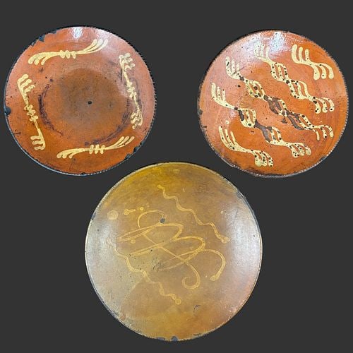 Lot of 3 Antique Primitive Slip-Decorated Redware Plates (1 of 8)