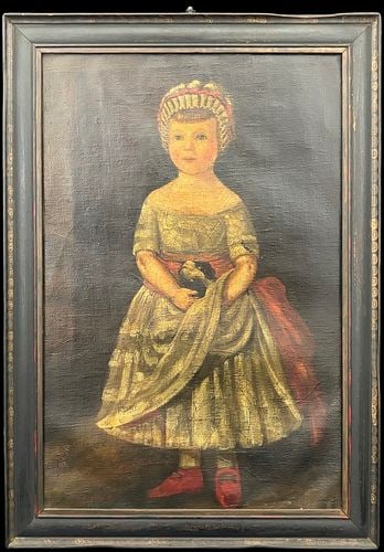 Antique Oil Painting Folk Art Portrait of Young Girl