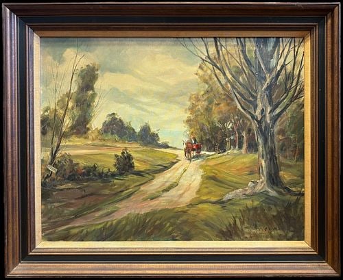 Signed Newman Framed Oil Painting Landscape Horse-Drawn Carriage: A charming signed oil on canvas landscape depicting a winding country road with a horse-drawn carriage traveling through a tree-lined rural setting. The composition features soft atmospheric skies, ro