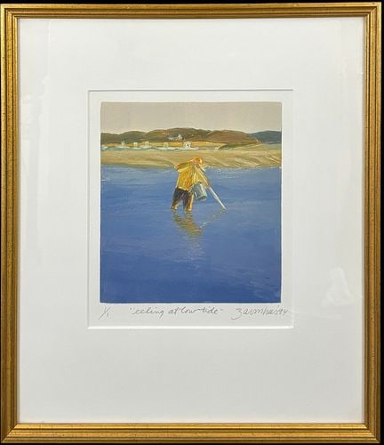 Joyce Zavorskas (Massachusetts, 1945-) Eeling at Low Tide Print 1/1: A vibrant original monotype by Joyce Zavorskas (Massachusetts, 1945-) titled “Eeling at Low Tide,” pencil signed, titled, and marked 1/1 along the lower margin. The image depicts a lo