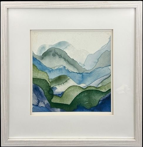 Abstract Watercolor Mountain Landscape in Blue and Green Tones