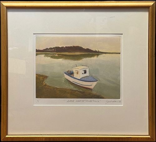 Joyce Zavorskas (Mass., 1945-) Little Boat at Uncle Tim’s Coastal Monotype Print