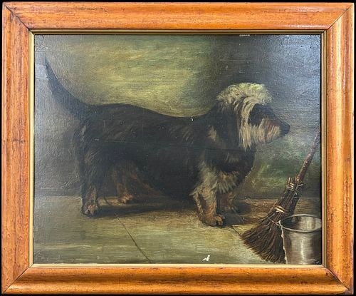 Antique Framed Oil Painting of a Terrier Dog Broom and Pail (1 of 4)