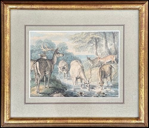 Framed Watercolor Painting of Deer at a Woodland Stream