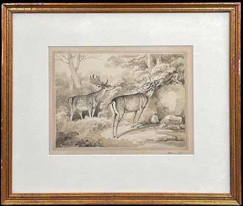 Samuel Howitt (British, 1765-1822) Monochrome Deer Woodland Watercolor Painting (1 of 4)