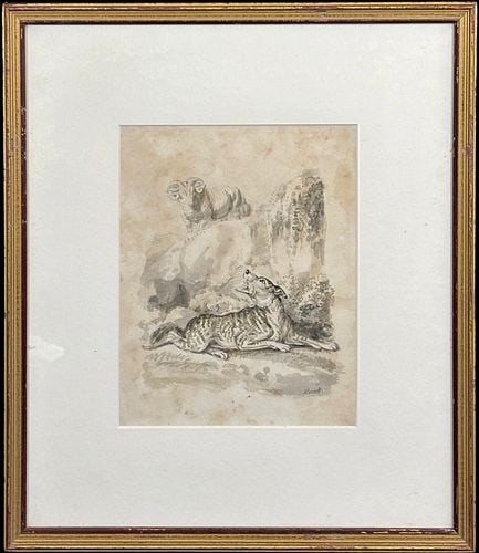 Samuel Howitt (British, 1765-1822) Watercolor of Hounds and Ram
