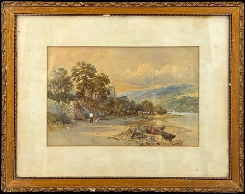 Antique Watercolor Landscape Painting with Figures and Boats: A charming framed watercolor landscape depicting a quiet lakeside village scene, likely in the Lake District, with a church spire rising among trees, figures walking along the shore, distant hills, an