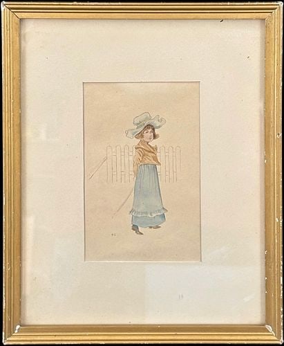 Kate Greenaway (UK, 1846-1901) Watercolor Illustration of Young Girl: An original watercolor illustration by Kate Greenaway (British, 1846–1901), depicting a young girl in a pale blue dress and wide-brimmed hat standing before a lightly sketched picket fence. The 