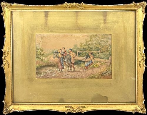 Framed & Signed Antique Watercolor of Rural Family Crossing Stream: Charming antique watercolor depicting a pastoral country scene with a family gathered beside a shallow stream and rustic wooden bridge. The composition features a child seated on a donkey, two standin